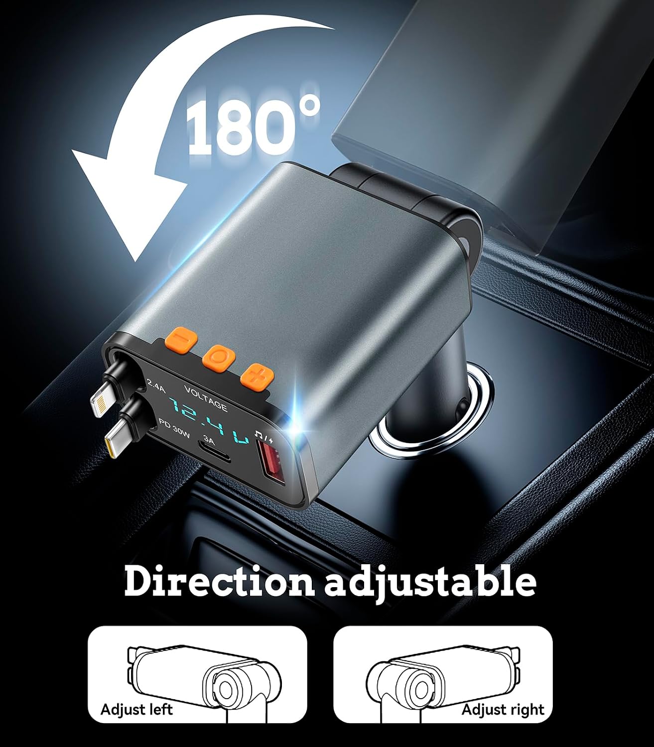 50W MP3 12V/24V PD Car Charger with Bluetooth FM, Retractable Type-C & Lightning Cables, Hands-Free Calling Kit, USB