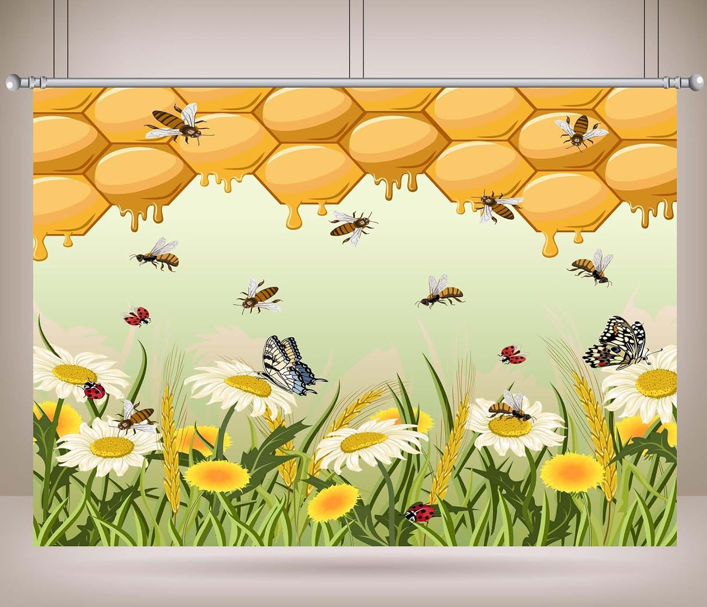 CORFOTO 10x8ft Fabric Honeycomb Bee Backdrop Golden Honeycomb Daisies Butterflies Insects Nature Scene Photography