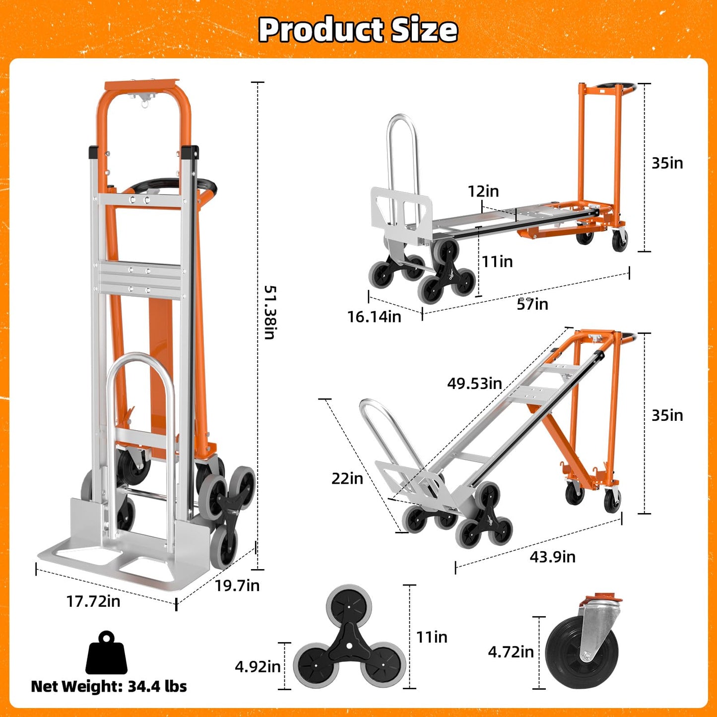 Aluminum 4 in 1 Convertible Hand Truck Dolly Cart with Wheels, 1000Lbs Capacity, Heavy Duty Stair Climbing Hand Trucks with Bungee Cord&Strap for Flat Ground & Stairs, Logistics, Home, Office, Orange