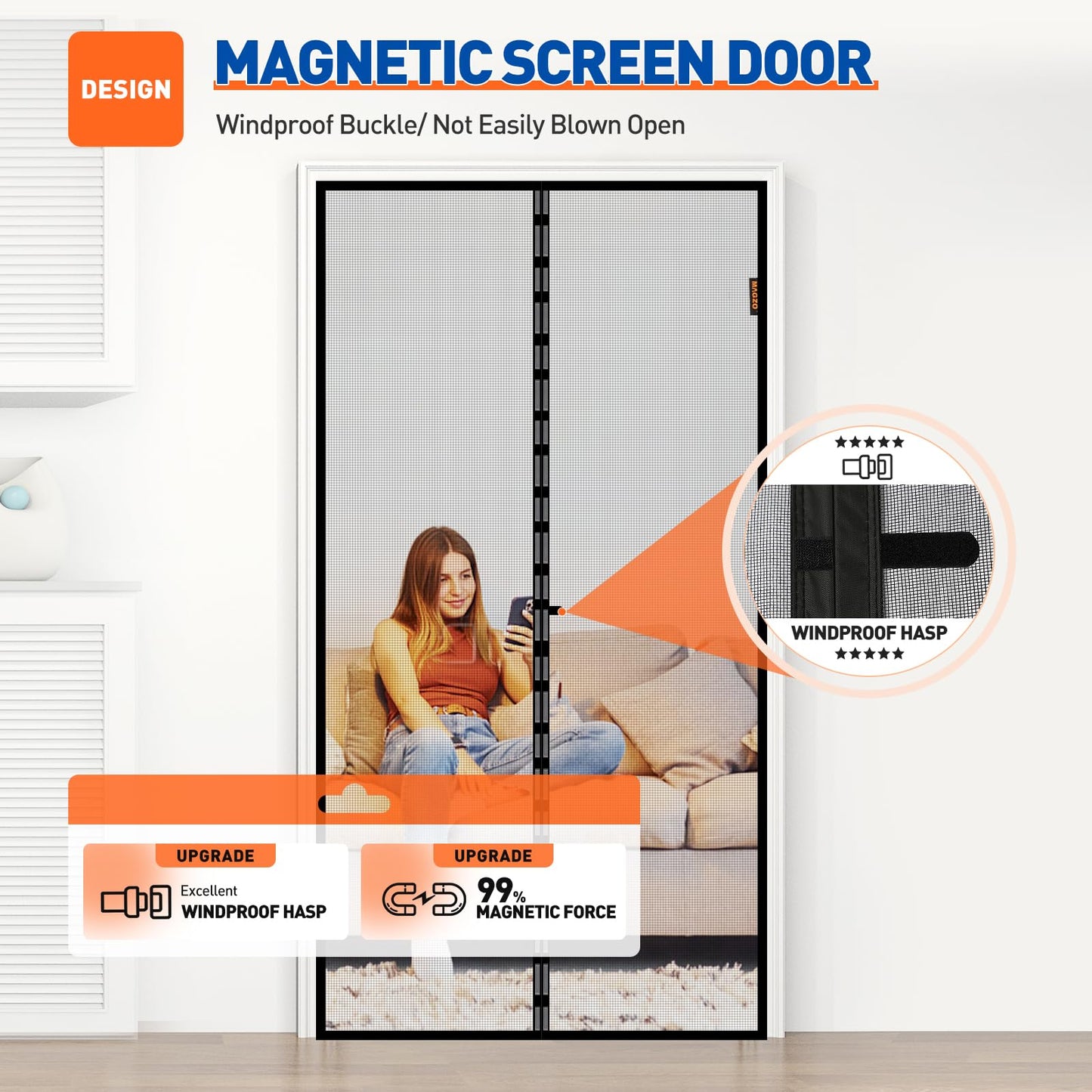 MAGZO Magnetic Screen Door Fit Door Size 36 x 80 Inch, Screen Size 38" x 81" Strong Magnets Mesh, Reinforced Fiberglass Net for Patio and Front Entrances, Gray
