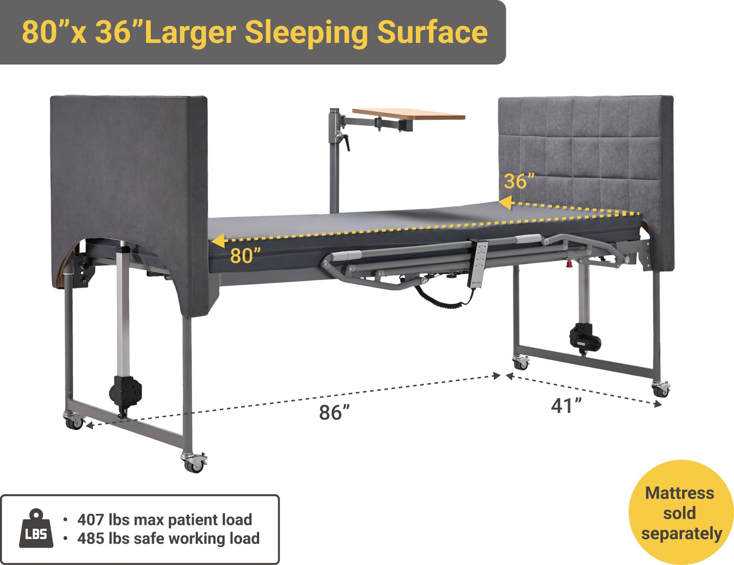 ARMONYO Electric Hospital Bed for Home Use – 5 Functions, Advanced German LIMOSS Motor, Ultra-Low 8.5"–25" Adjustable Height, Double Solid Wood Panels with Medical Overbed Table & Foldable Rails