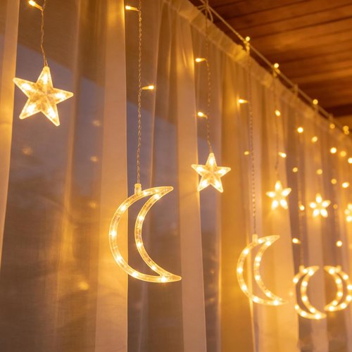 Dazzle Bright Ramadan Curtain String Lights - 138 LED Warm White Star & Moon Design | 8.2 FT Waterproof with Timer & 8 Modes