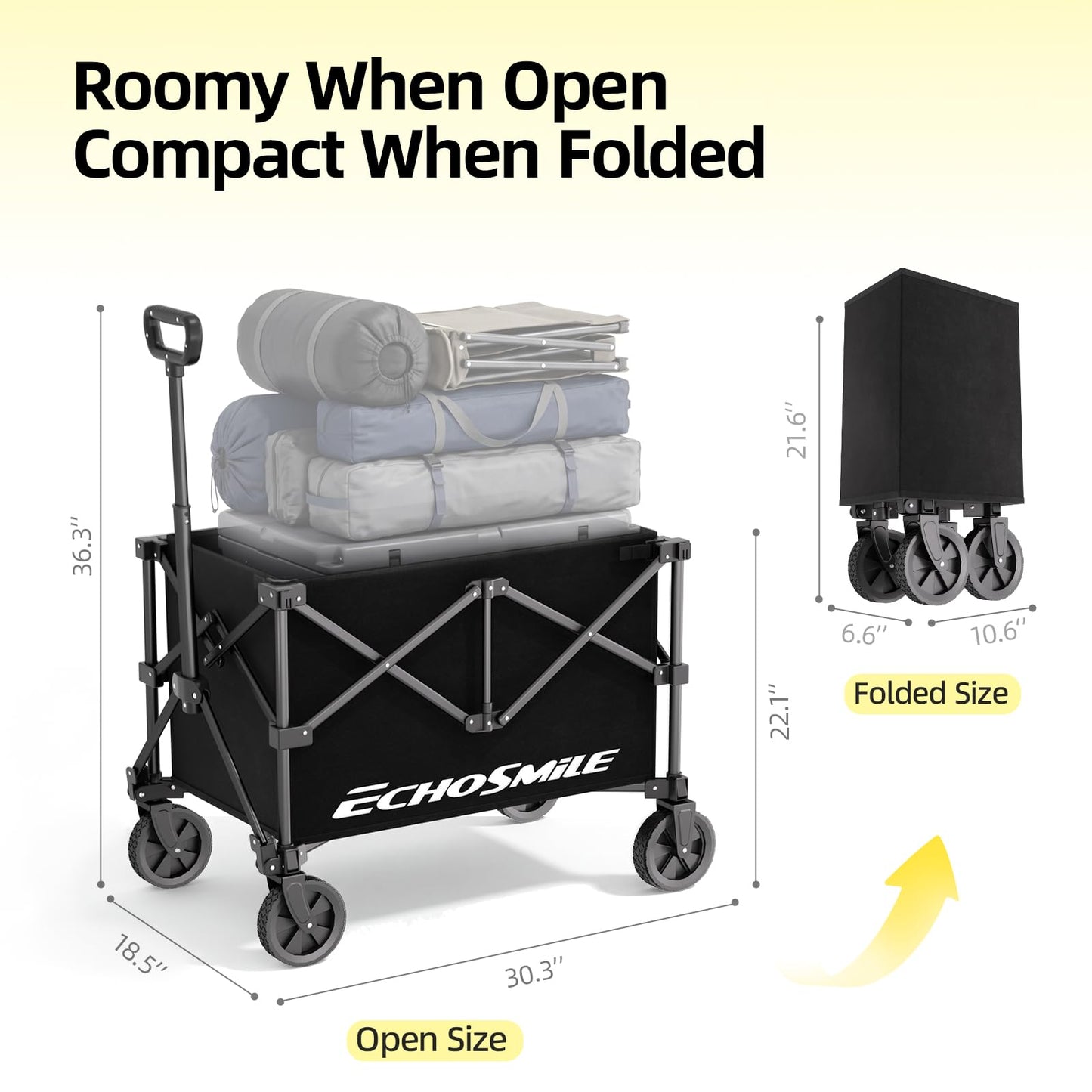 EchoSmile Lightweight Collapsible Wagon Cart, Compact Foldable Wagon for Grocery, Camping & Sports, Easy Fold Utility Wagon,Black