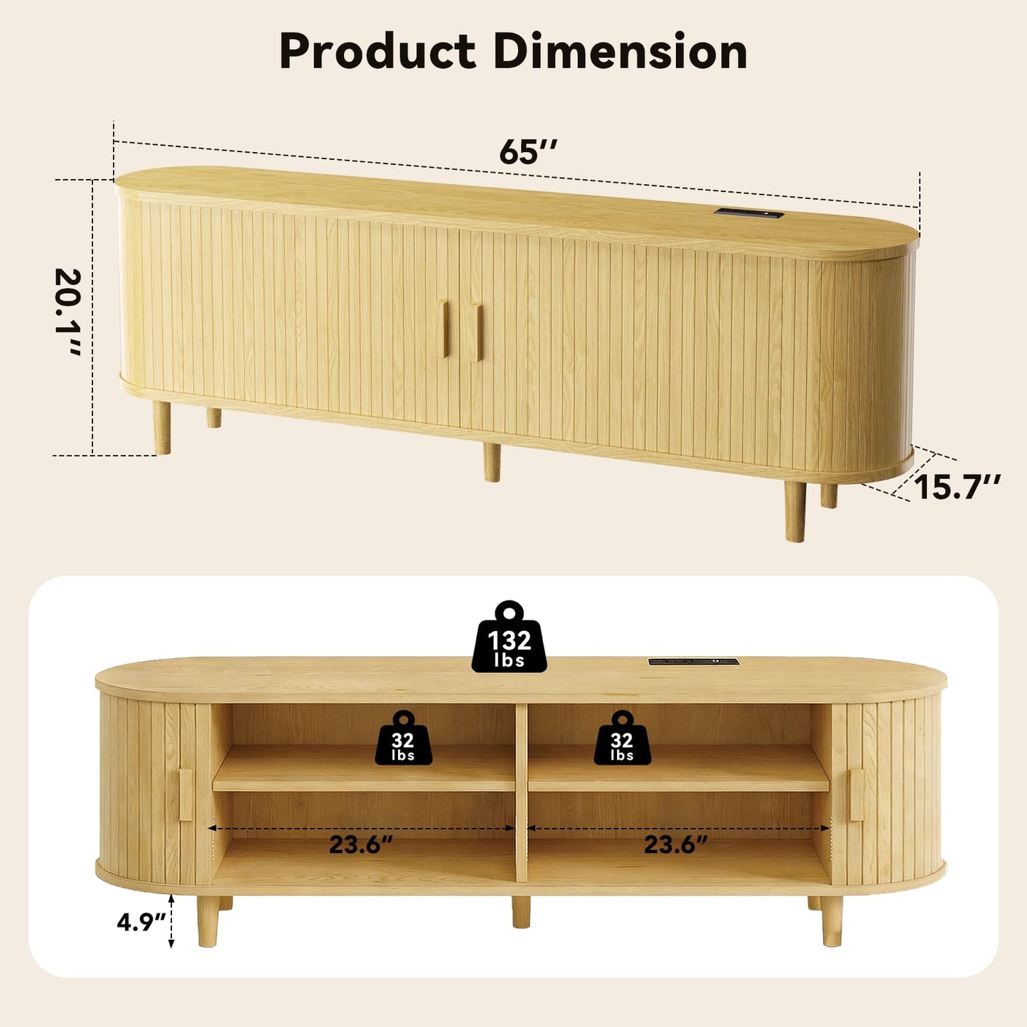 OneBlis 65" Mid Century Modern TV Stand with Power Outlet, Fluted Entertainment Center with Storage and Adjustable Shelves, Wood TV Console with Sliding Doors for Living Room, Oak