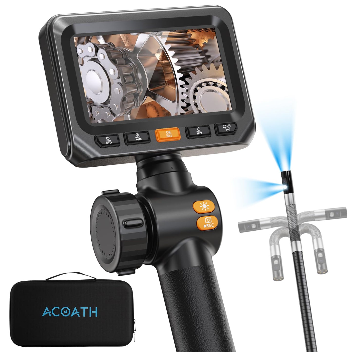 Acoath Two-Way Articulating Borescope, Endoscope Camera with Light, Dual-Lens 1080P Industrial Inspection Camera, 4.3" IPS Screen, 32GB Card, IP67 Waterproof Sewer Tools - 5FT