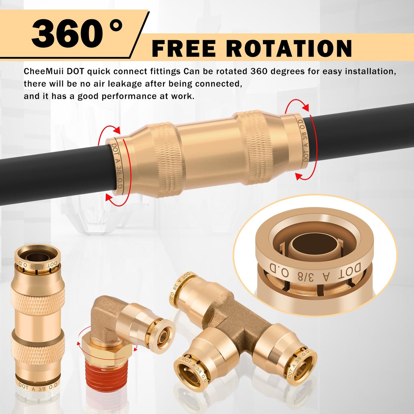 CheeMuii 100 PCS Brass DOT Air Line Fittings with 3 Roll 50FT 1/4" 3/8" 1/2" DOT Air Lines Kit Push Lock Air Fitting Quick Connect Air Fittings with Air Hose Pneumatic Tubing