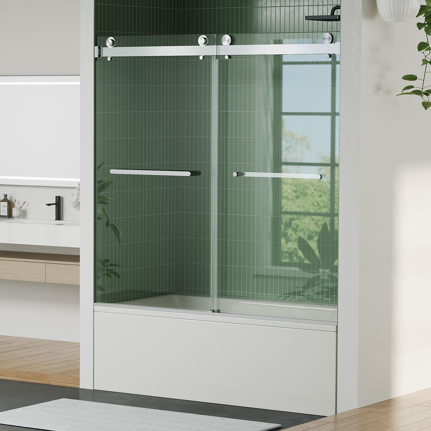 Frameless Bathtub Shower Door 56–60 inch W × 59 inch H, Sliding Tub Shower Door, 6mm Tempered Glass, Square Stainless Steel Track, Brushed Finish, Adjustable Bathroom Shower Door