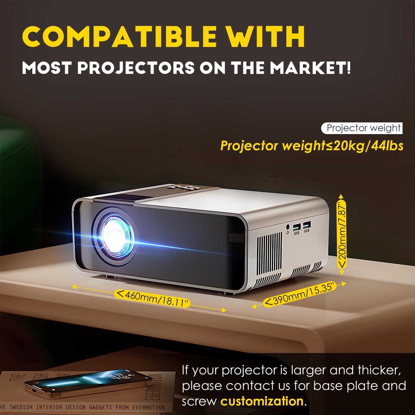 CGOLDENWALL 39" Ultra-Thin Hidden Projector Lift Motorized Projector Mount Adjustable, 44lbs Max Load, Remote Control, 18.9 * 18.9" Baseplate Customizable (Running Distance: 100cm/ 39.37")