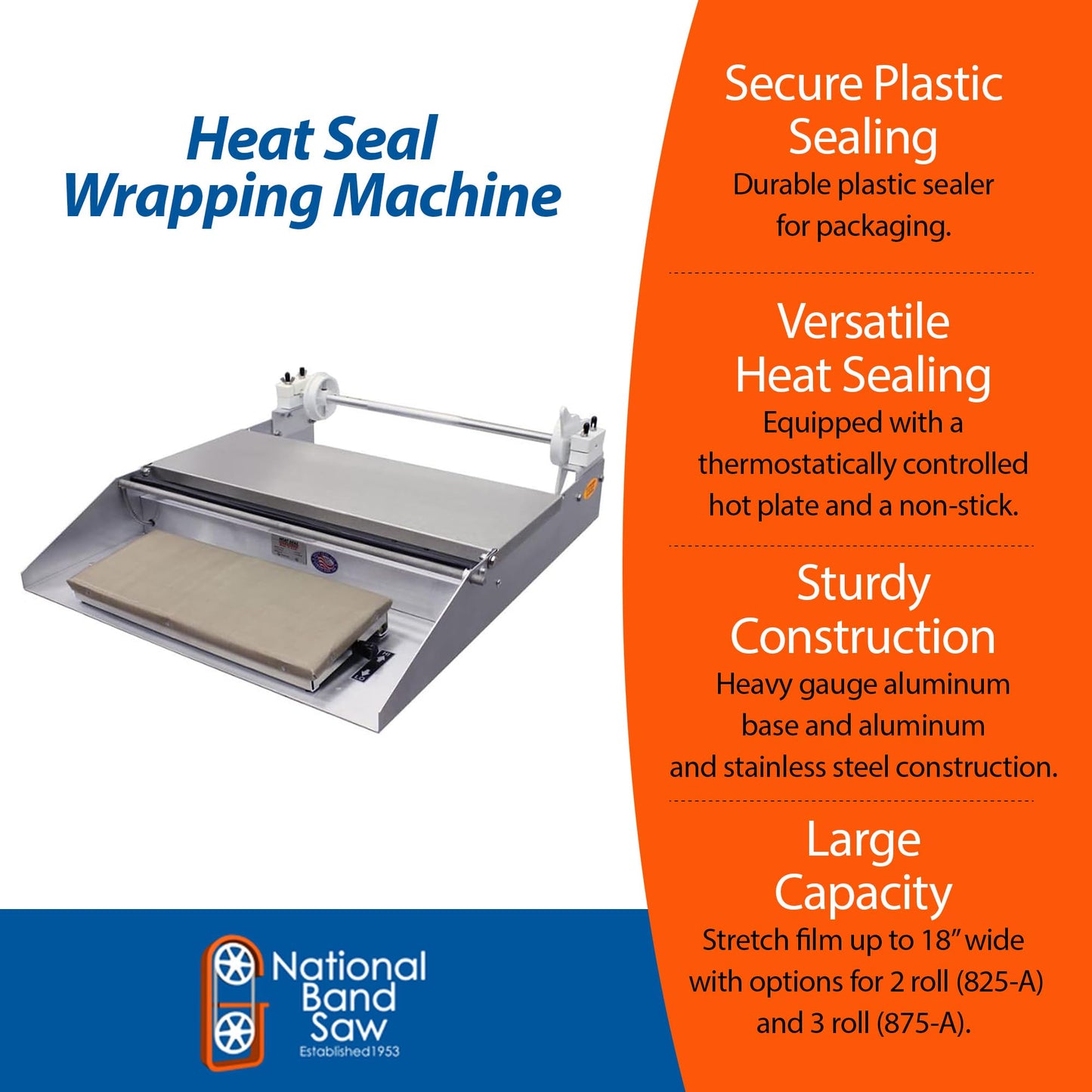 National Band Saw Heat Seal 625A Wrapping Machine - Plastic Bag Sealer with Stainless Steel Wrapping Surface, Heat Sealer Machine with Large Rubber, 6” x 15” Thermostatic Hot Plate, 115V