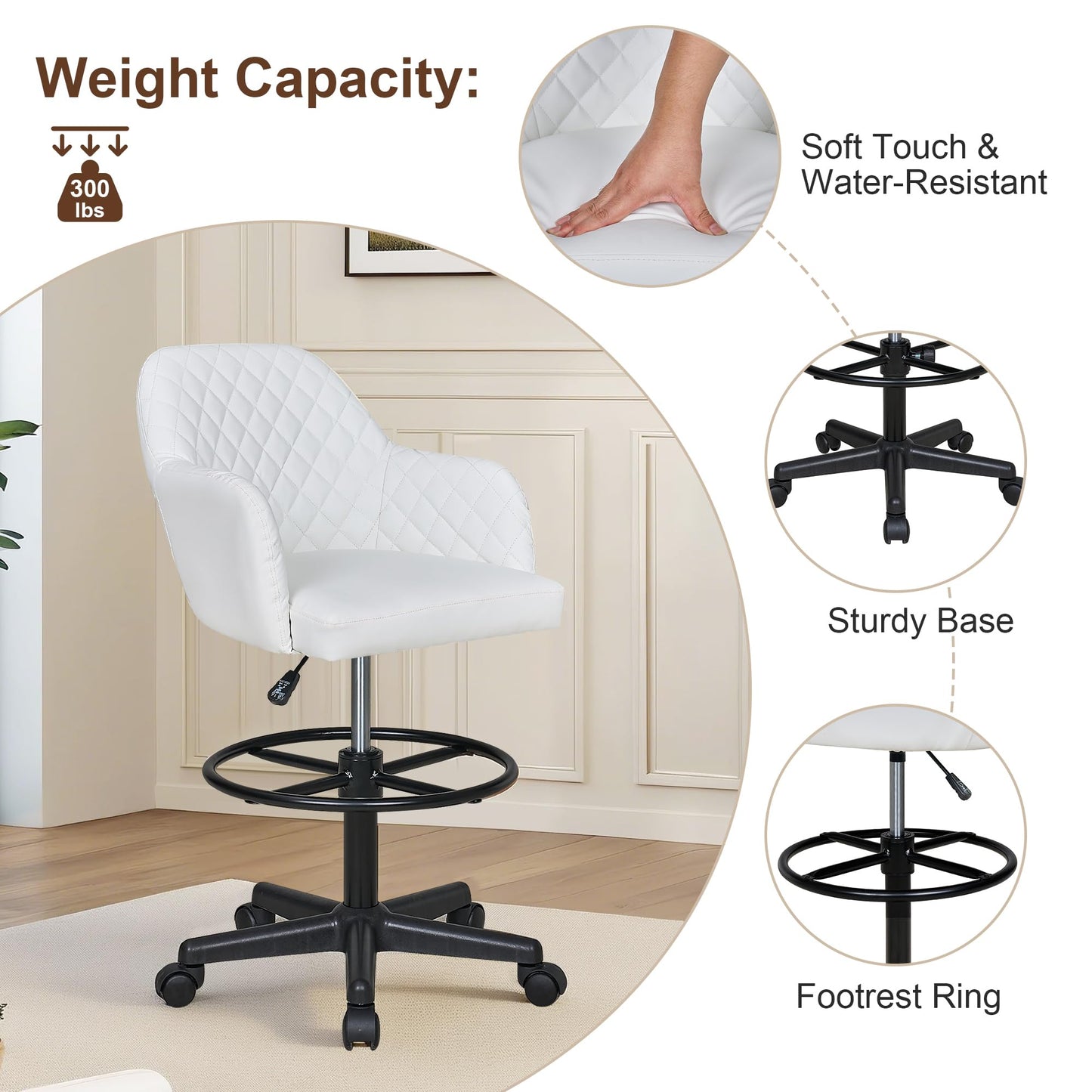 VECELO PU Leather Drafting Chair with Low Back and Footrest Ring, Height Adjustable, Swivel Rolling Wheels, for Drawing/Standing Desk/Office, White