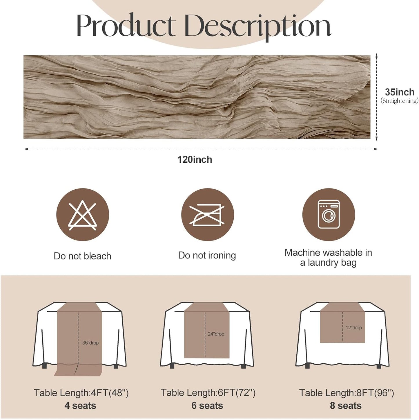 2 Pcs Nude Cheesecloth Table Runner - 120 Inch Boho Rustic Decor for Weddings & Parties