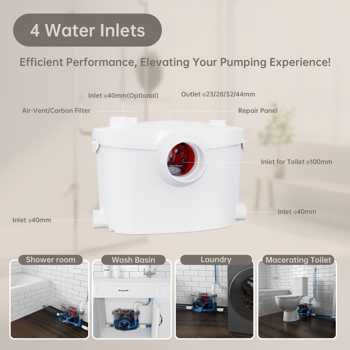 Simple Project 600W Macerator Pump, Efficient Basement Toilet Pump System Max Pumping To V30 & H295 Feet, 4-Inlet Sewerage Disposal - Ideal For Macerating Toilet, Laundry, Bathtub