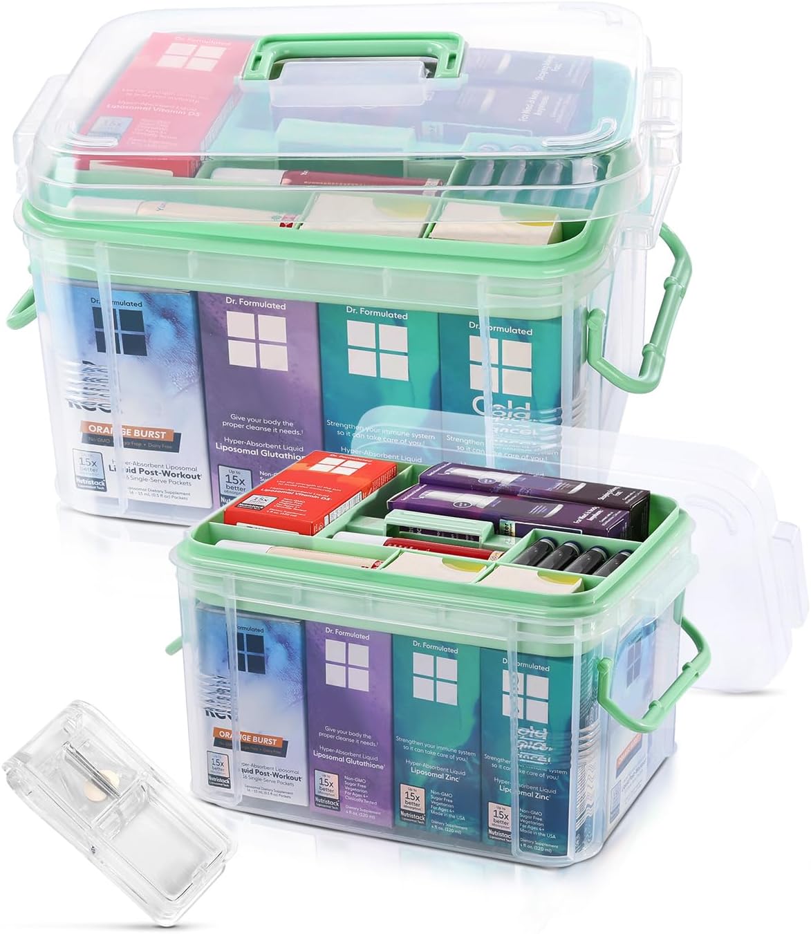 Skiennix Medicine Organizer Storage Box - 2 Pack Clear Portable Pill Splitter & First Aid Kit