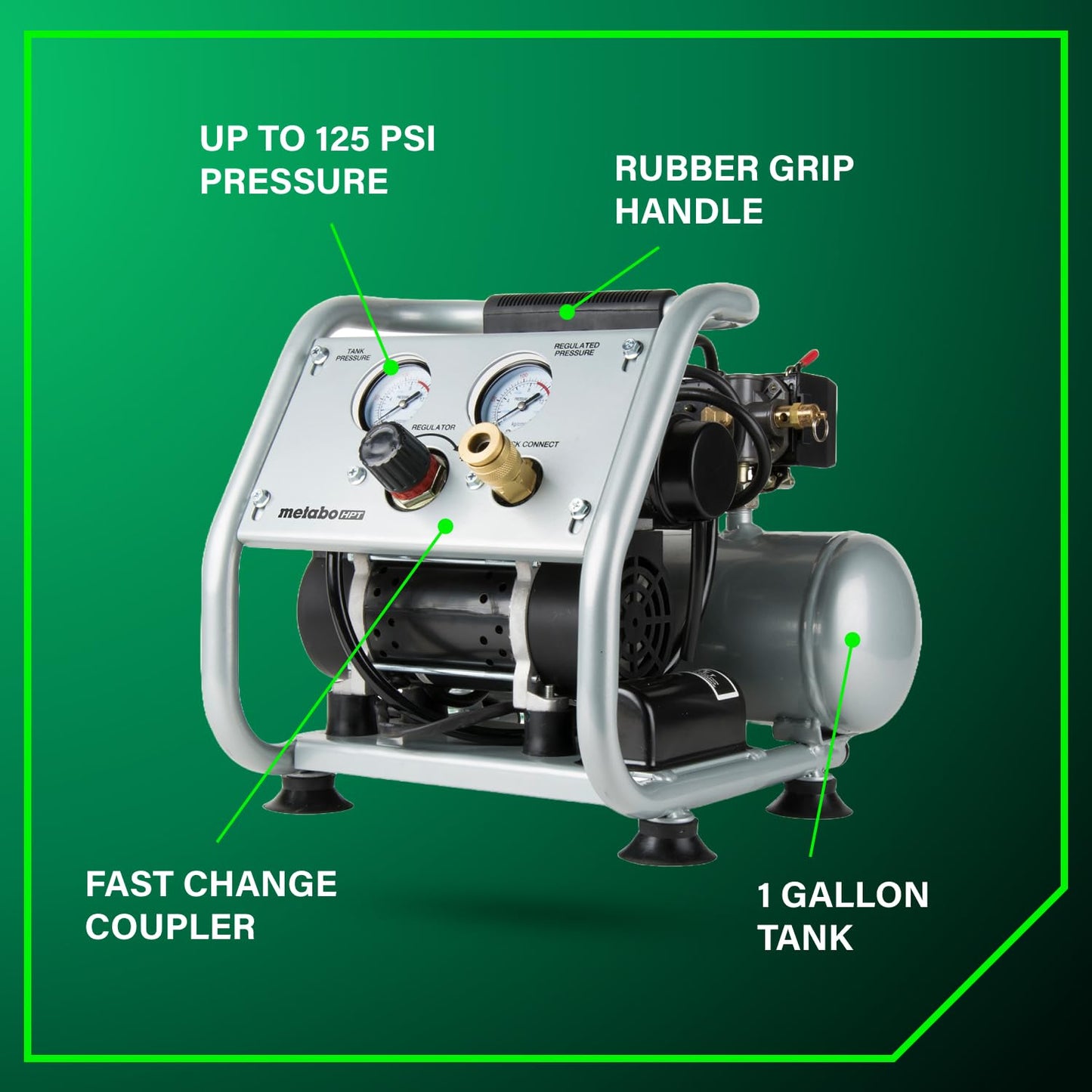 Metabo HPT Quiet Air Compressor, Portable 1 Gallon Oil-Free Air Compressor, Ultra-Quiet Operation at 59 dB, Universal Quick Coupler for Fast Tool Changes, Compact and Lightweight, EC28M