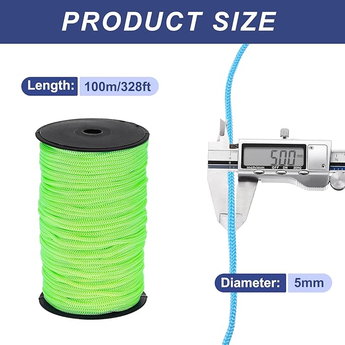 MECCANIXITY 3/16 Inch Polypropylene Rope Braided Ropes, 328ft Nylon Rope Hollow Utility Cord for Clothesline, Camping, Hiking, Outdoor, Fruit Green