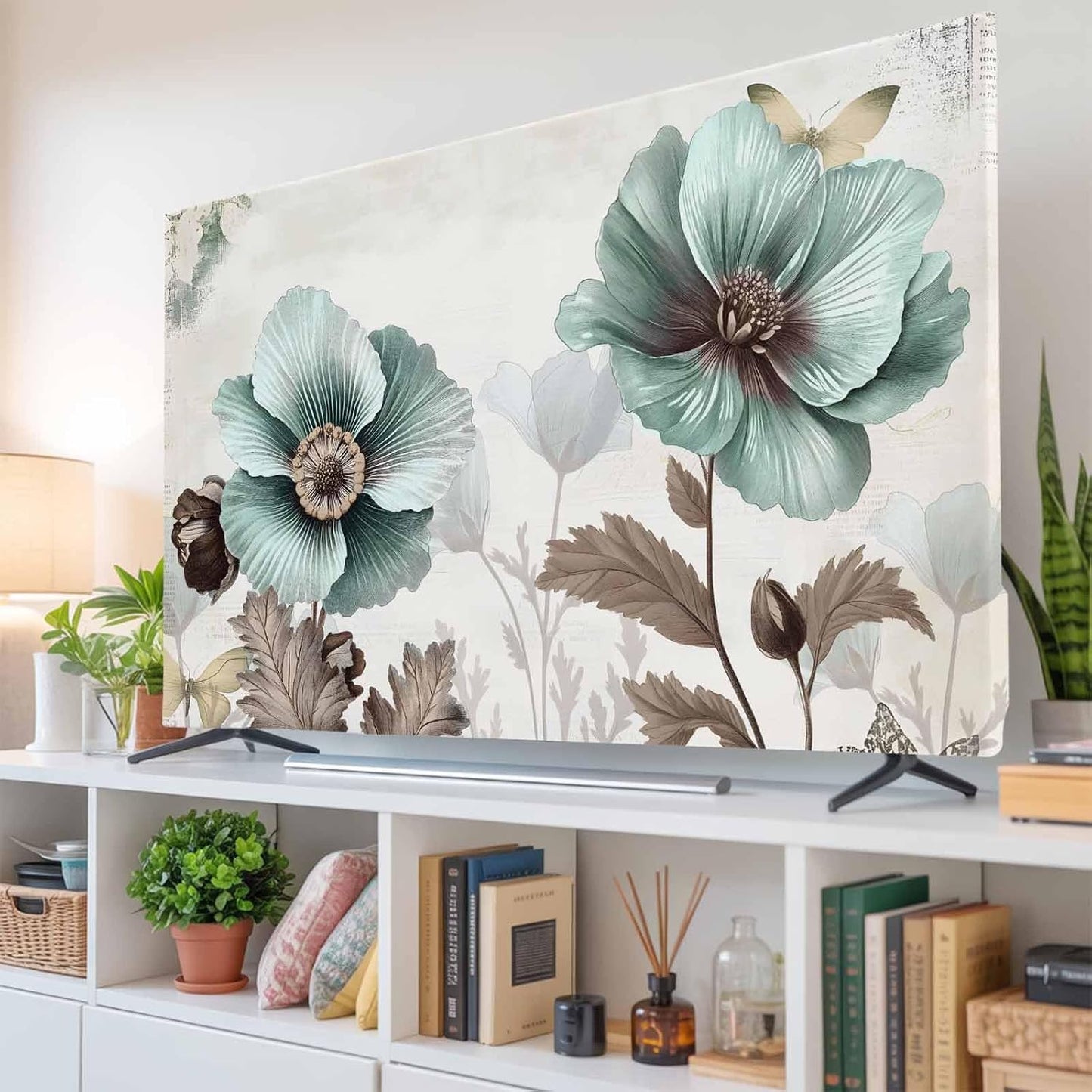 Yukro 32 Inch, 28"x16" Teal Broccoli Indoor TV Dust Cover, Rustic Farmhouse Flower Leaf Victorian Style Elastic TV