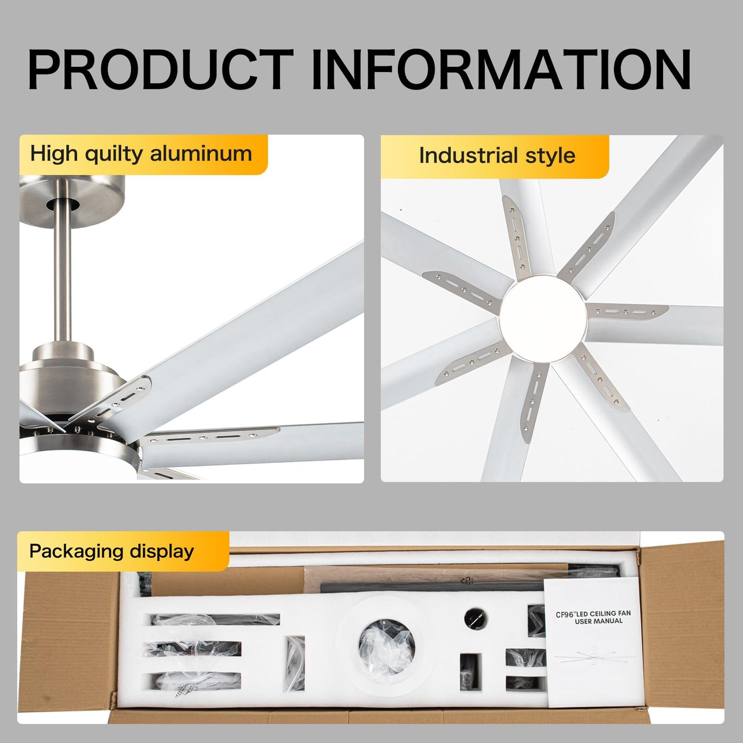 Minislak 96 Inch Industrial Ceiling Fans with Light,Brushed Nickel HVLS Ceiling Fan with 6 Speeds Reversible Motor,High CFM Indoor/Outdoor Ceiling Fan with 7 Aluminum Blades for Barn shop,Commercial