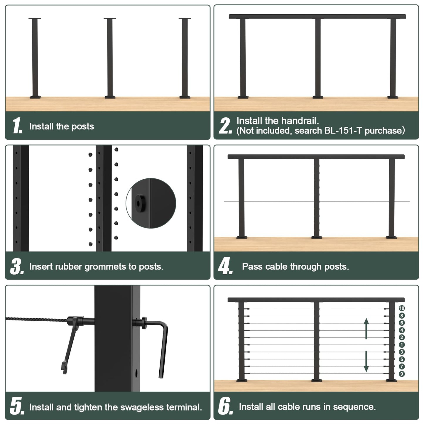 BLIKA 6'6"-13FT Complete Set 36" Cable Railing Post Kits, Surface Mount Deck Cable Railing System with Handrail & Swageless Tensioner, Pre-Drilled Black Stainless Steel Cable Railing Posts