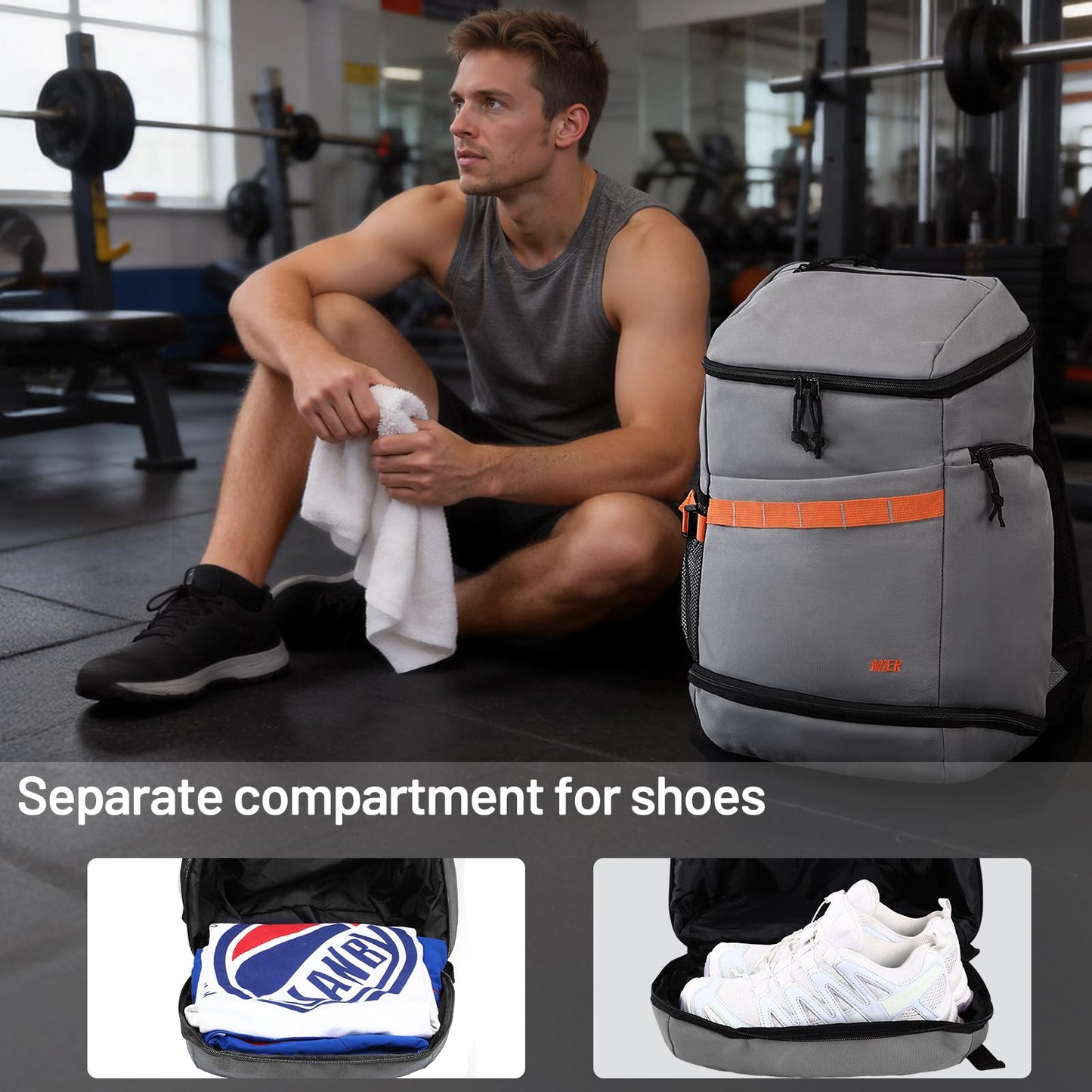 MIER Gym Backpack for Men Women, 35L Basketball Backpack with Shoe Compartment & Wet Pocket Waterproof Sports bag for Travel Workout, Gray