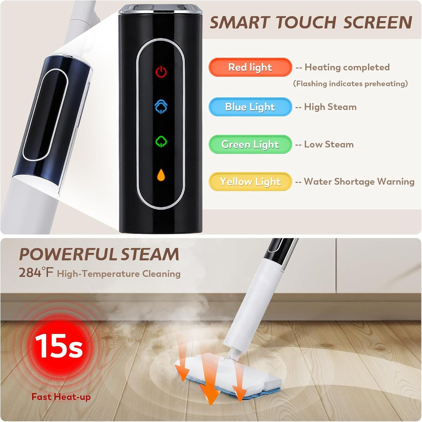 Skiennix Steam Mop - 3 Steam Modes for Quick Floor Cleaning | 15s Heat-Up, 284℉ Steam, 3 Mop Pads