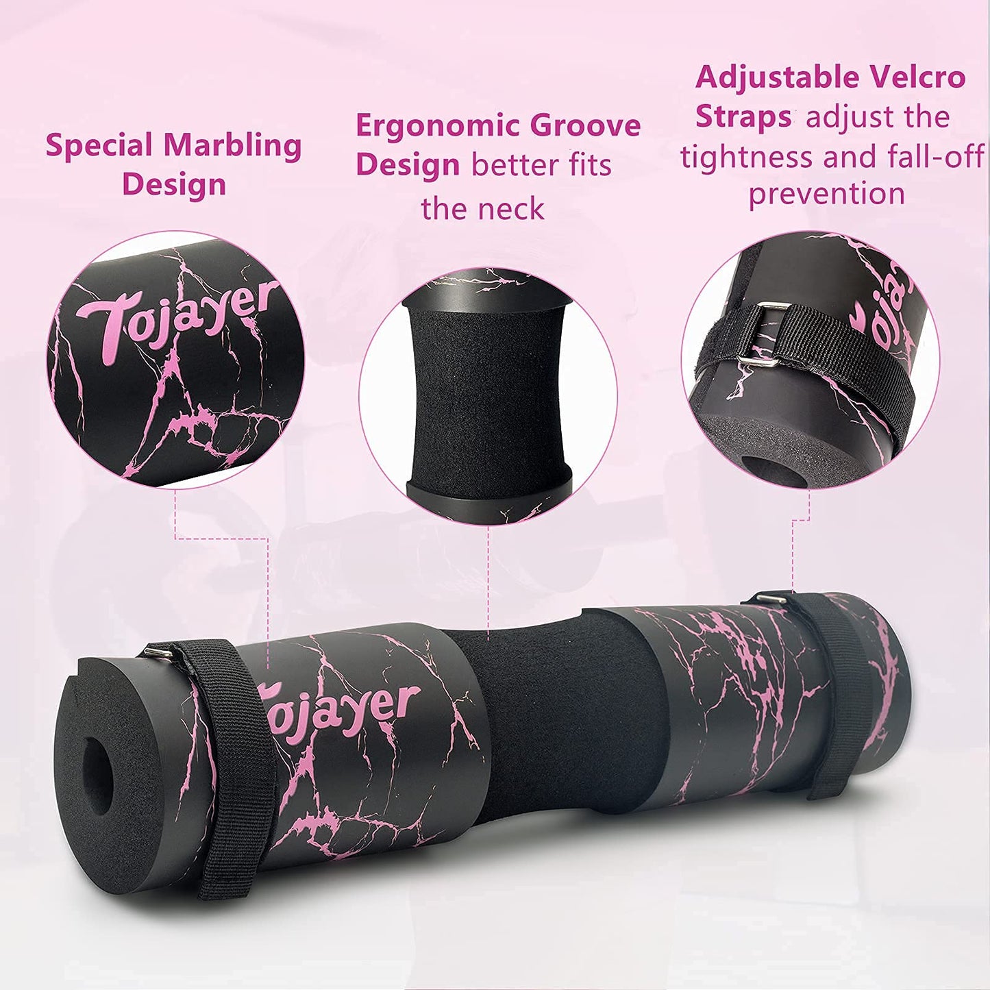Tojayer Squat Pad Barbell Pad - Neck & Shoulder Protective Foam Workout Weight Lifting Bar Cushion for Lunges & Hip Thrusts, Fit Standard and Olympic Bars Perfectly, Pink Marble