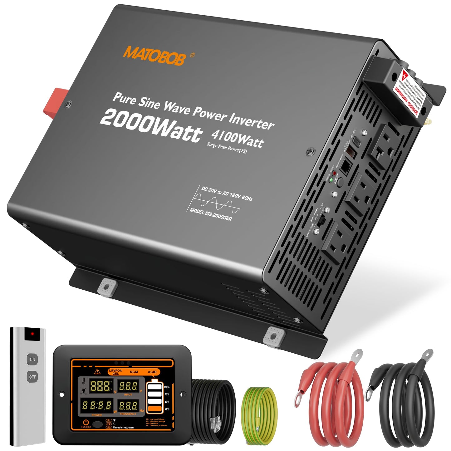 24 Volt Pure Sine Wave Power Inverter 2000 watt 24 Vdc to 120 Vac,4100Watt Surge,Wired Remote with LED Display for Home,Off Grid Solar System, Water Pump,RVs Matobob