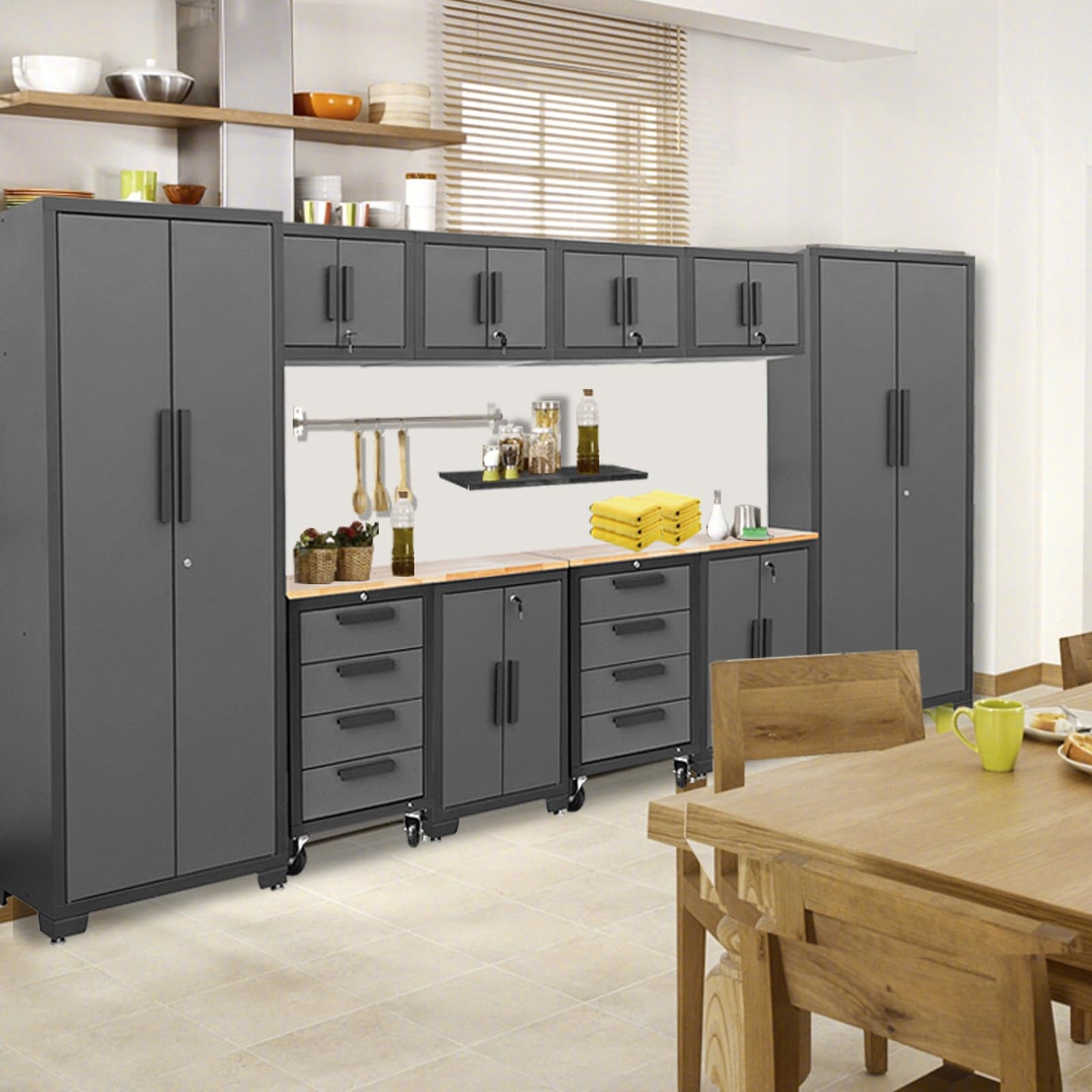 Torin 12 Piece Garage Storage Cabinet Set: Workshop Tool Organizer Chest with Lockers, Shelves and Wood Workbench, Black/Grey