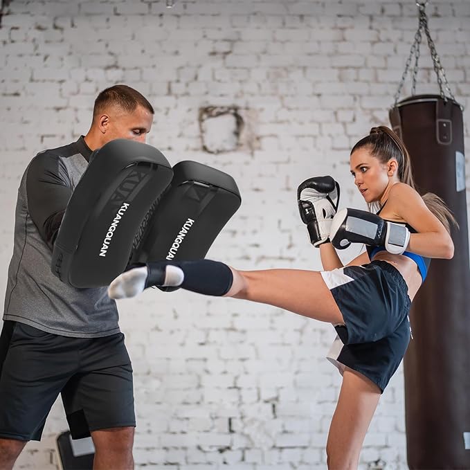 Muay Thai Pad, Curved Kickboxing Strike Shield for Training, Polyester MMA Martial Arts Target, Black, One Pairs