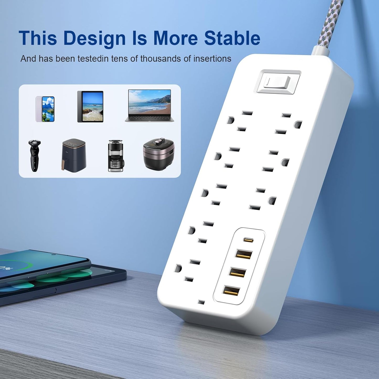 Roopersnake 8 4 Ports(1 Bluetooth Portable Speakers Extension Cord Surge Protector Power Strip - Flat Plug Braided