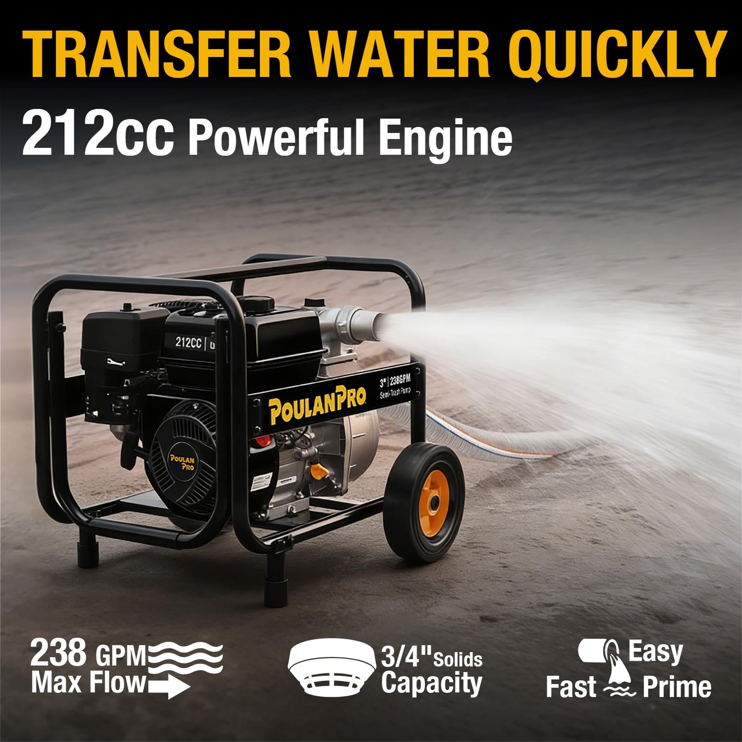Poulan Pro Semi Trash Pump 3 Inch, 6HP 212cc 4-cycle Engine, 238GPM, 100ft Lift, 23ft Suction, Gas Powered Water Pump with Wheels & Handle for Pond, Sewage, and Pool (3 inch)