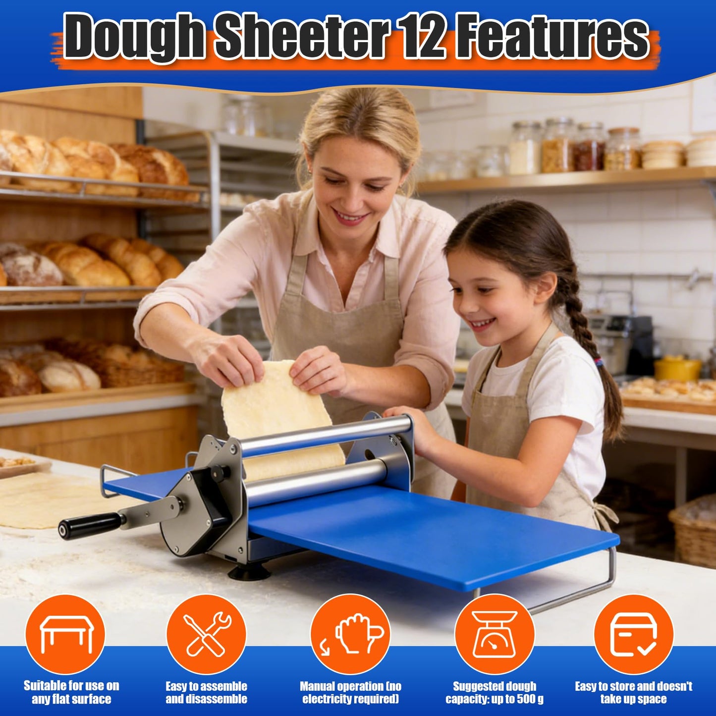 Folding Dough Rolling Machine，Manual Dough Sheeter ，Compact Dough Sheeter Machine For Bakery Pizza，Dough Machine With Adjustable Thickness, Stainless Steel（2 Rolling Boards）