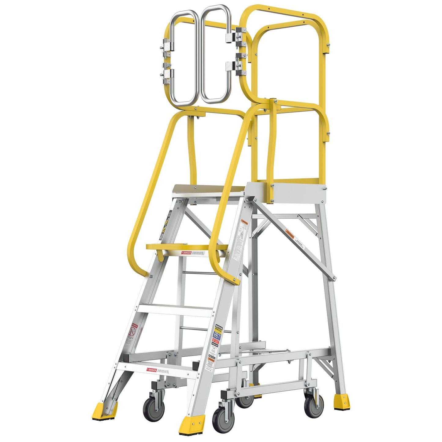 WIILAYOK 4 Step Ladder Aluminum Rolling Platform Ladders with 360° Guardrail System, Industrial Safety Non-Slip Rolling Ladder with Wheels for Warehouse, Garage, 375 lbs Capacity