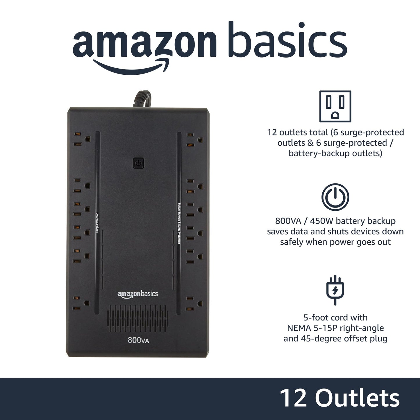 Amazon Basics UPS Battery Backup & Surge Protector, 800VA/450W, 12 Outlets, Standby Uninterruptible Power Supply, Compact, Black