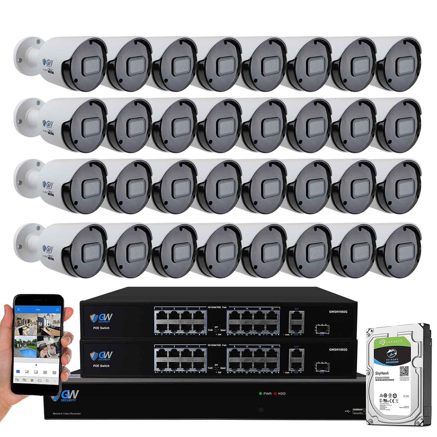 GW 4K Outdoor/Indoor Face Recognition/Human/Vehicle Detection Security Camera System, 64 Channel 12MP PoE NVR, 32 x 4K 8mp UltraHD Smart AI IP Microphone Bullet Camera, 24-7 Video & Audio Recording
