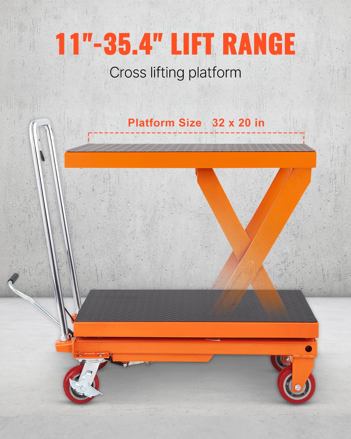 VEVOR 1100 LBS Hydraulic Lift Table Cart with 11"-35.4" Lift Range, Hydraulic Scissor Cart with Non-Slip Pad & 4 Wheels, Manual Single Scissor Lift for Material Handling and Transportation