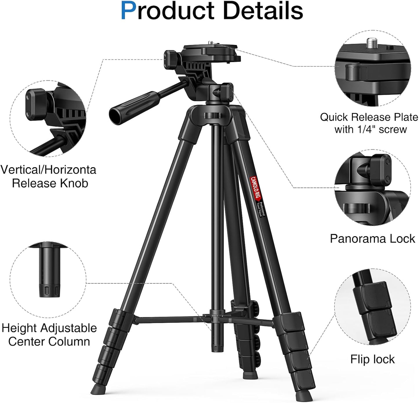 CAMOLO RIG 17-67.3 Inch Camera Tripod with Phone Holder, Camera Tripod Adjustable Height, Cold-Shoe Mount, Carrying Bag