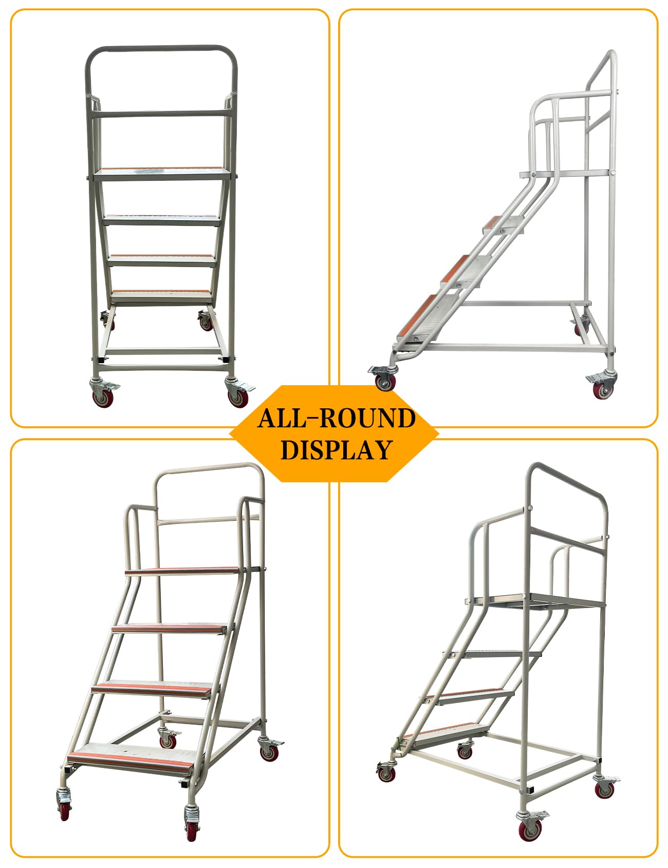 4 Steps Ladder with Wheels, Industrial & Warehouse Step Ladder, Rolling Steps Ladder with Vinyl Stair Edge Protector, 23.6IN Wide, 39.4IN top Step Height, 445LBs Capacity.