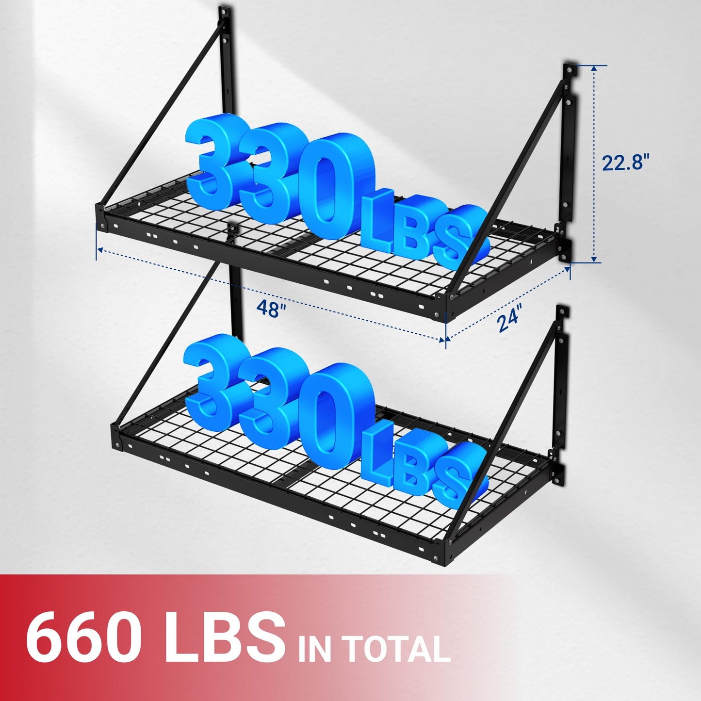 FLEXIMOUNTS 2-Pack 2x4ft Garage Wall Shelving - Heavy Duty Garage Storage Rack, 660lbs Load Capacity with Brace Guardrail, Organization System for Tools, Bins, Utility Room, Pro Series