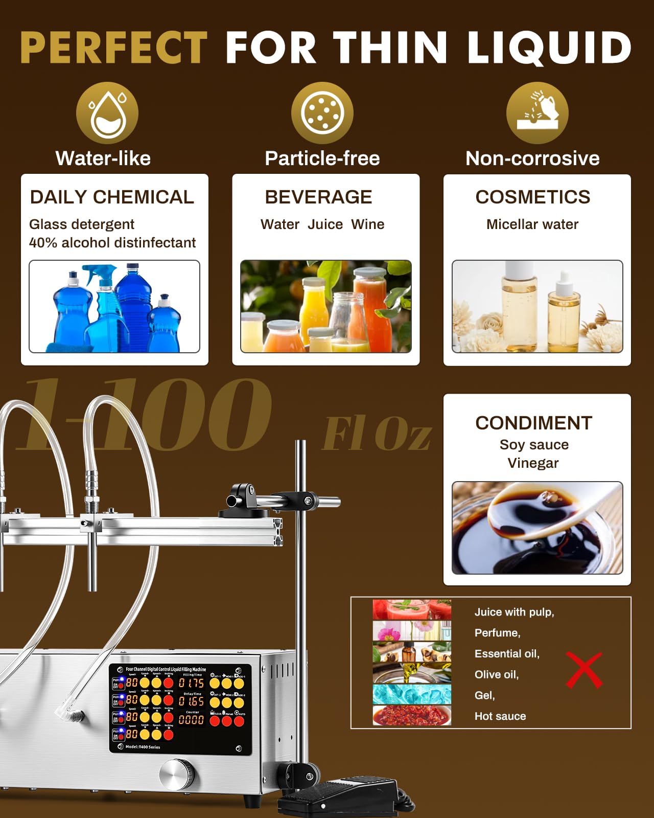 Moonshan 4 Head Thin Liquid Filling Machine 1-100 Fl Oz Bottle Filler Machine with Intelligent Control Ports Diaphragm Pump Digital Control for Wine, Essence, Glass Detergent