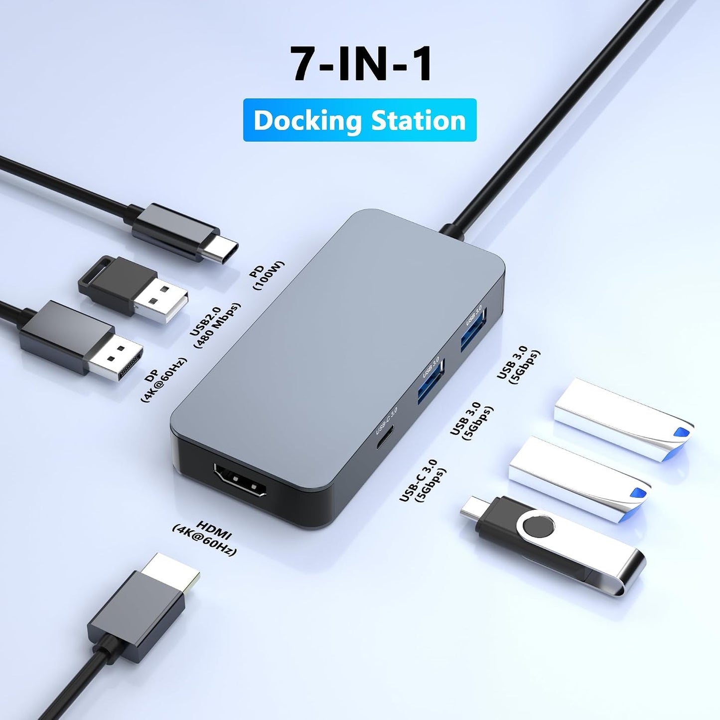 Buerlaseul 4K@60Hz 7 1 USB3.0/USB-C HDMI Display Port USB C Docking Station Dual Monitor for Dell/HP/Mac Laptop, in USB