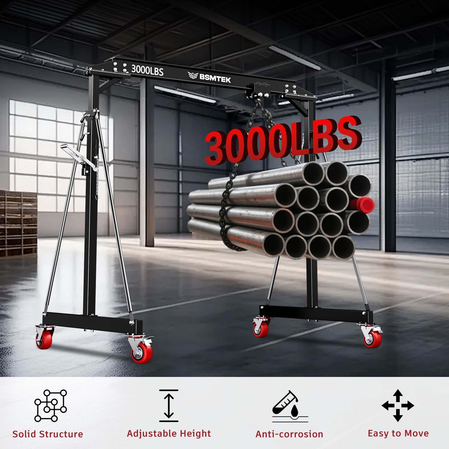 BSMTEK 1.5 Ton Gantry Crane MAX3000lbs Capacity, Adjustable Height (8.53-12.47 FT) & Width (6.56 FT), Steel I-Beam Construction, Portable Shop Hoist for Factories, Warehouses, Black