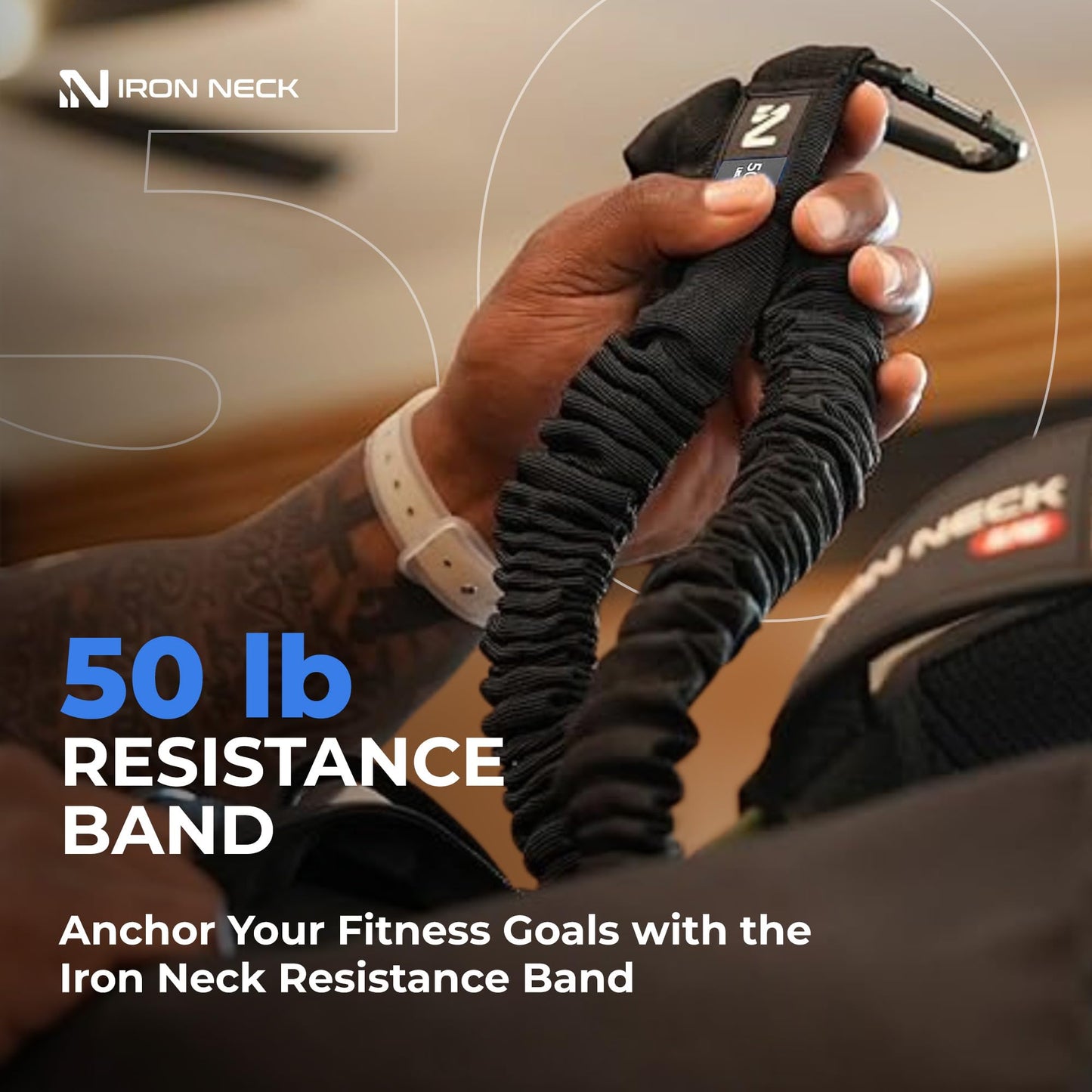 Iron Neck Resistance Band - Durable Exercise Band with Steel Carabiners for Neck Trainer, Exerciser, & Strengthener - Training, Strength Workouts, Stretching, & Rehab - for Home & Gym Use - 50 lbs.