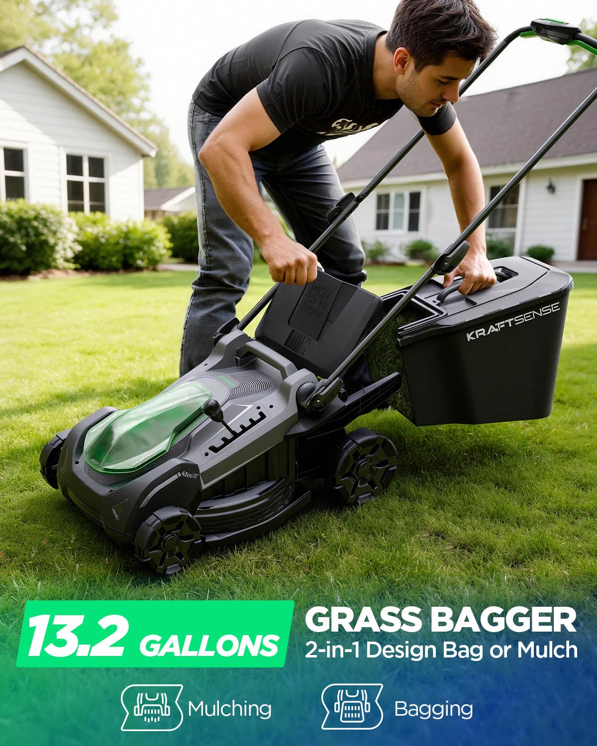 18" Electric Lawn Mower, 40V Cordless Lawn Mower with 2x8.0Ah Batteries & Charger, Brushless Motor, 2-in-1 Mulching & Bagging, 6-Position Height Adjustment, for Medium Yards
