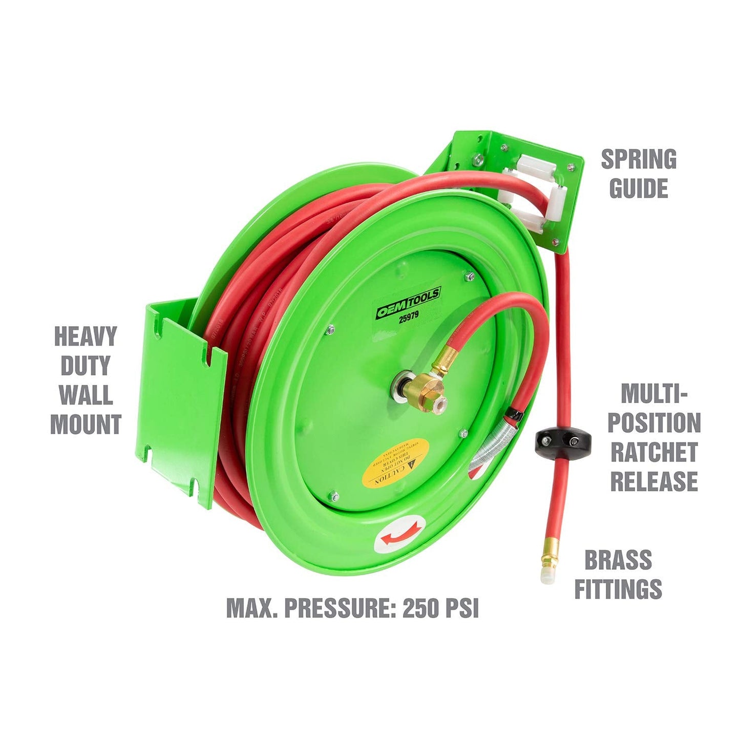 OEMTOOLS 25979 Retractable Air Hose Reel, 3/8" x 50Ft for Shop, Garage, and Jobsite Use, Air Compressor Hose with Wall Mount, 250 PSI, Brass Fittings, Steel Construction