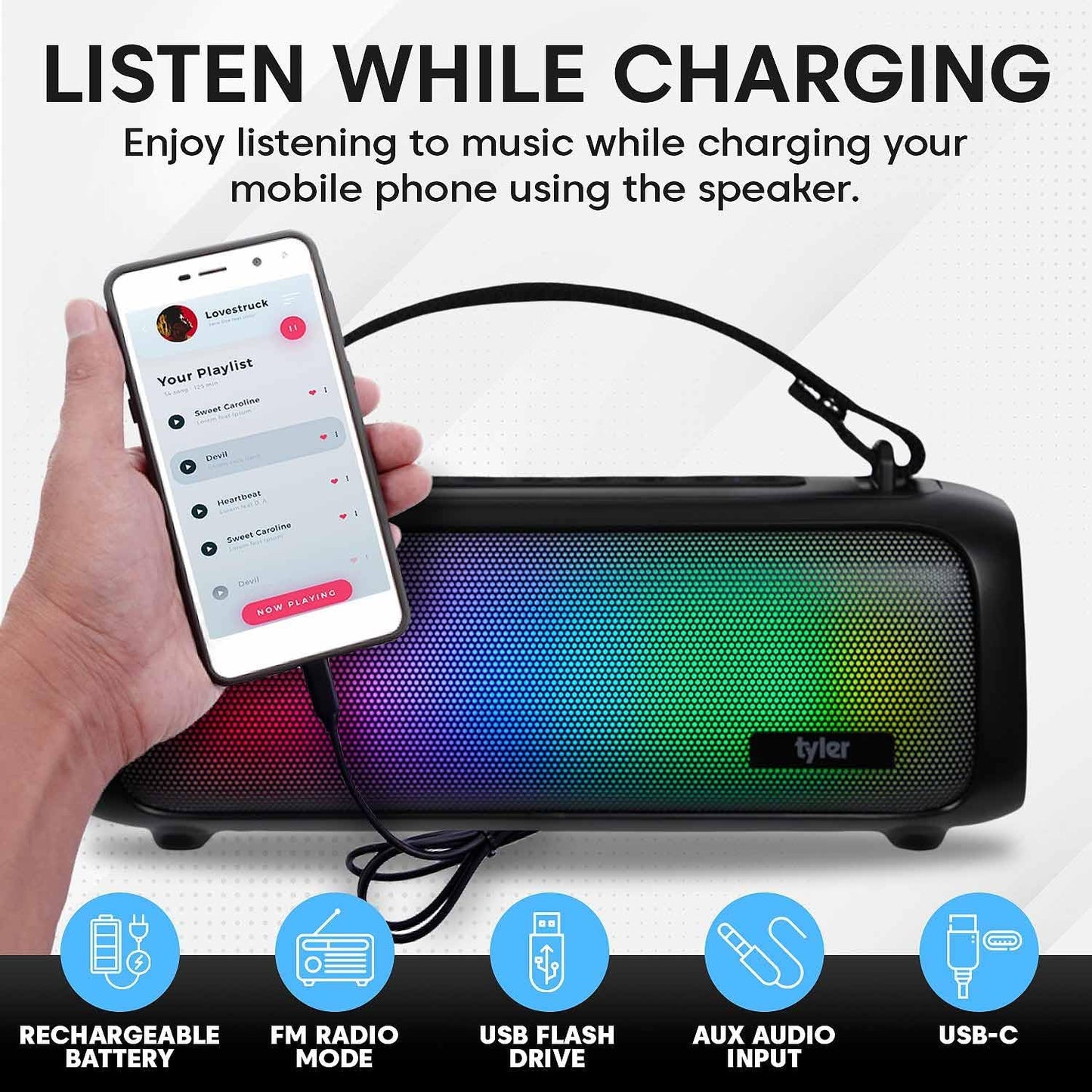 Tyler MP3 Wireless Bluetooth Speaker RGB Lighting Long Range Rechargeable Boombox USB AUX Inputs Fm Radio Sound & Bass