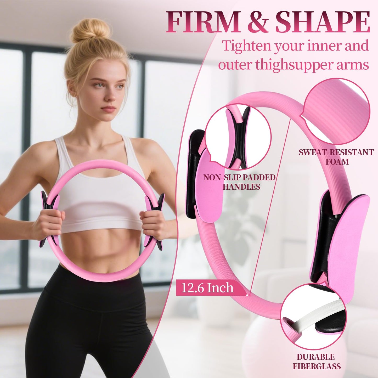 Pilates Essentials Kit for Women 15 Pcs Pilates Equipment for Home Workouts with Yoga Circle Ball Ring, 5 Resistance Bands,Pedal Puller Resistance Band,Anti Slip Socks for Starter Set,Pink