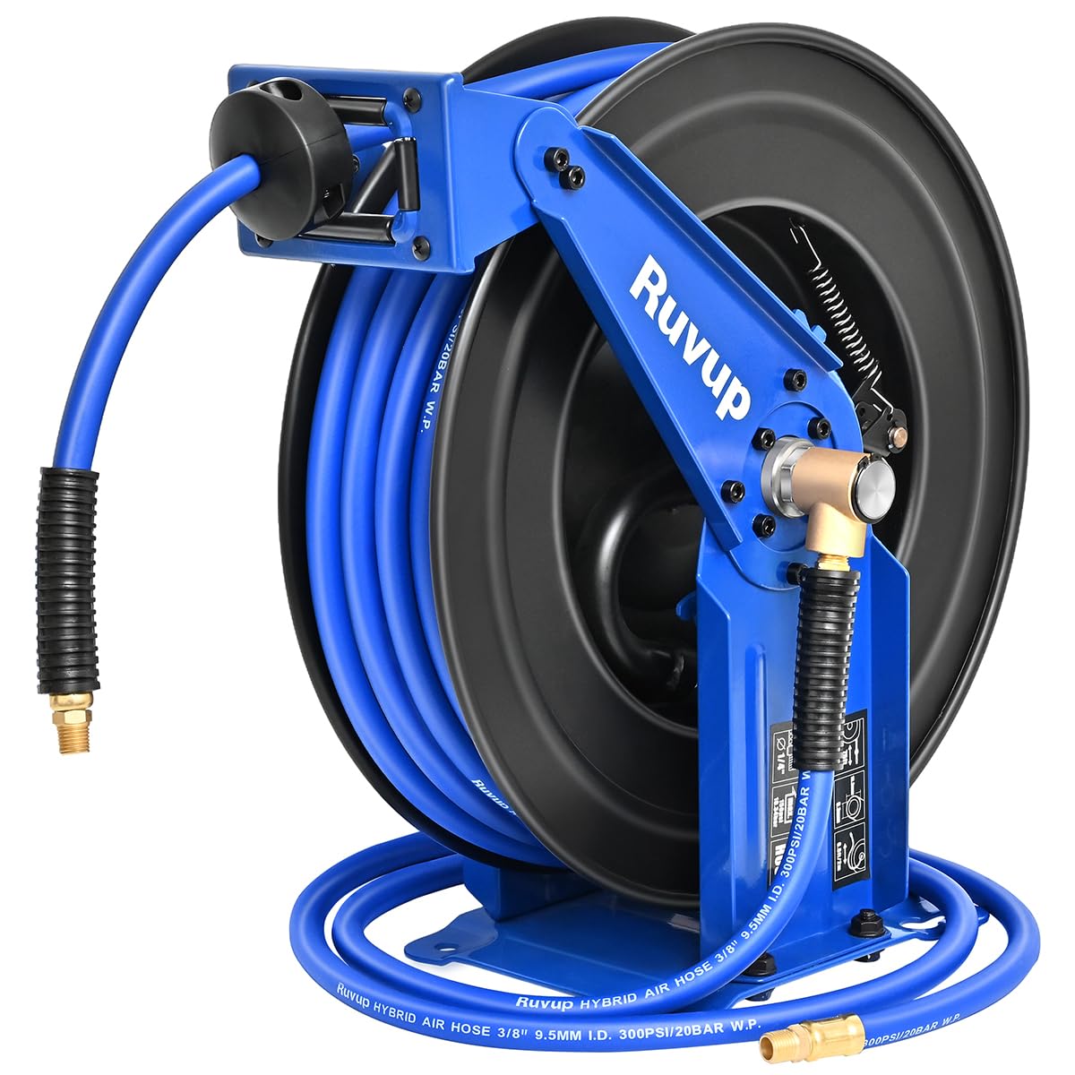 Ruvup Retractable Air Hose Reel, 3/8" x 75ft Air Compressor Hose Reel Auto Rewind Hybrid Hose Max 300PSI with 6.5ft Lead Hose Heavy Duty Steel Double Arm with 12-Position Ratchet Lock