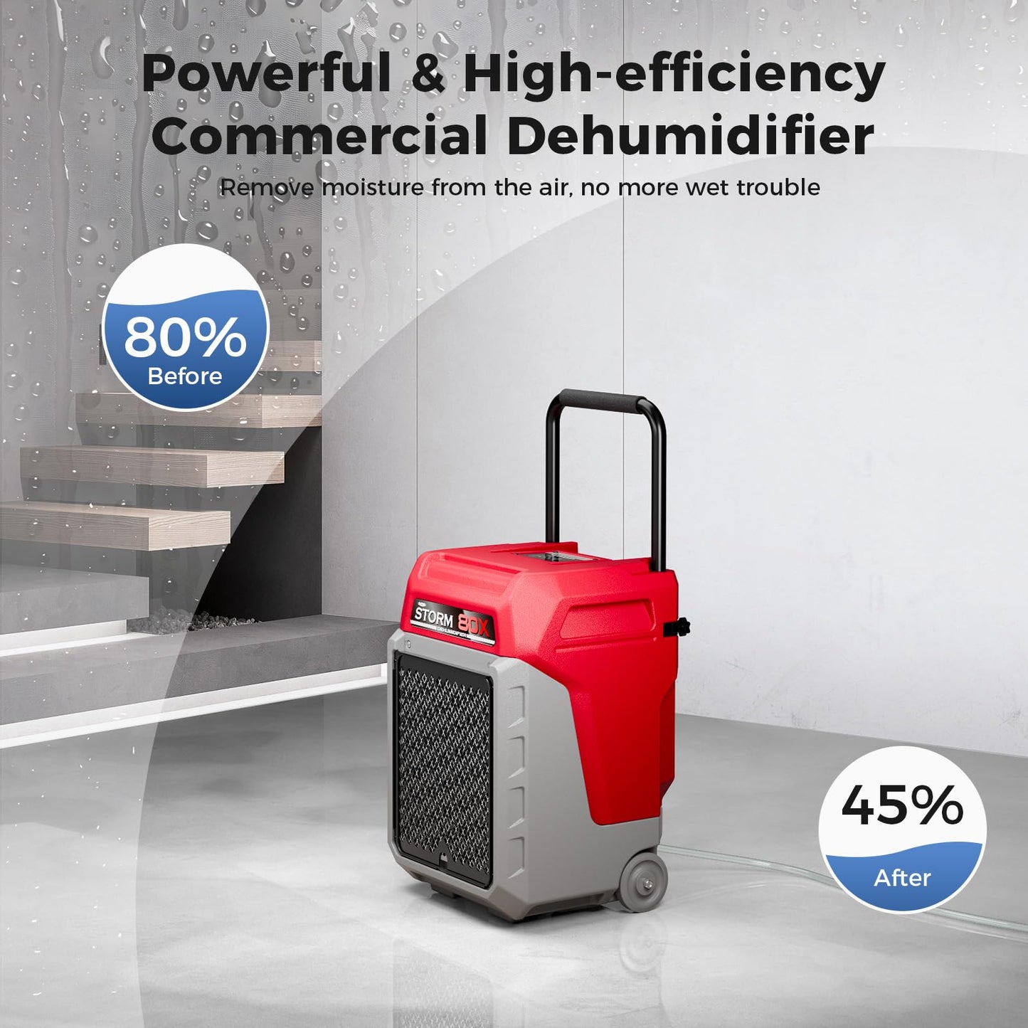 ALORAIR 170 PPD Commercial Dehumidifier with Pump & Drain Hose, LGR Industrial Use, Portable Dehumidifier with Wheels for Water Damage Restore, Carpet Drying, 6-Year Limited Warranty, Storm 80X (Red)