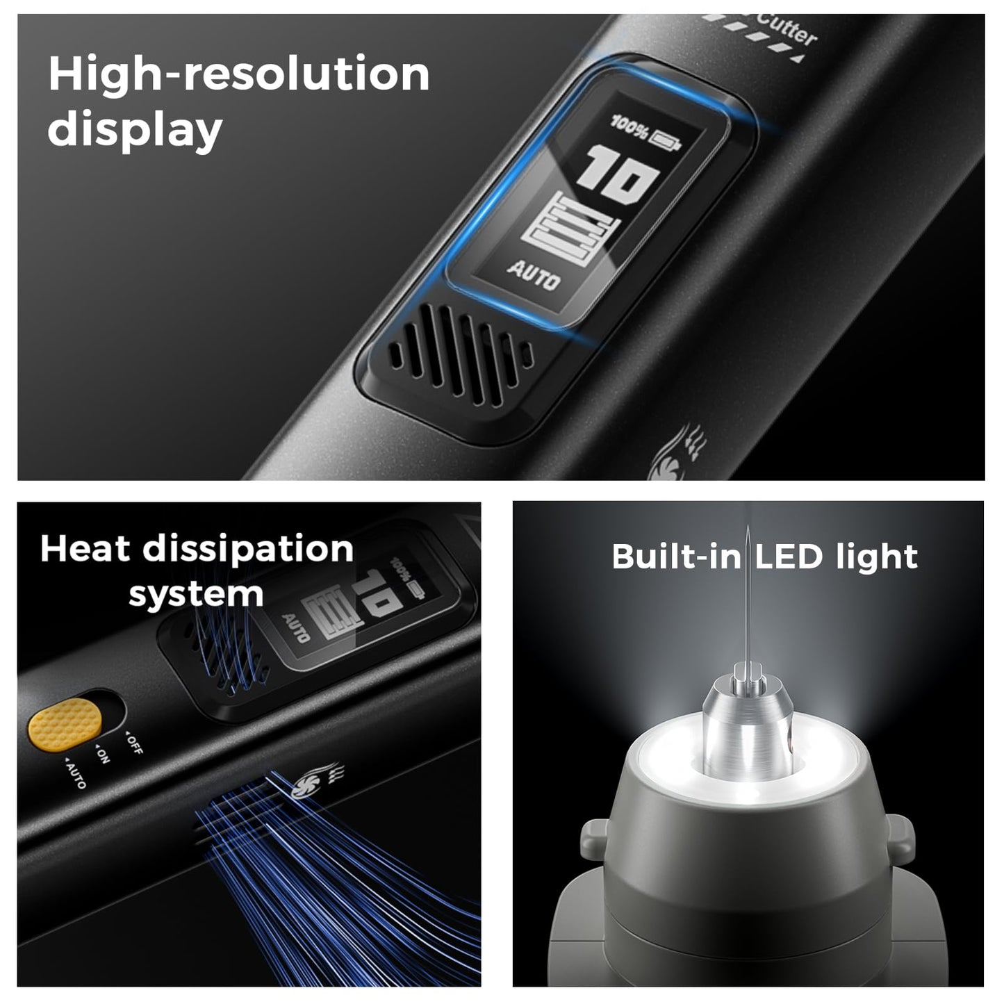 2-in-1 wireless ultrasonic cutter, 40kHz, 30W high power, 1000mAh battery, with AC adapter and USB cable. Features cooling system, smart start-stop and LCD display, can cut a variety of materials.