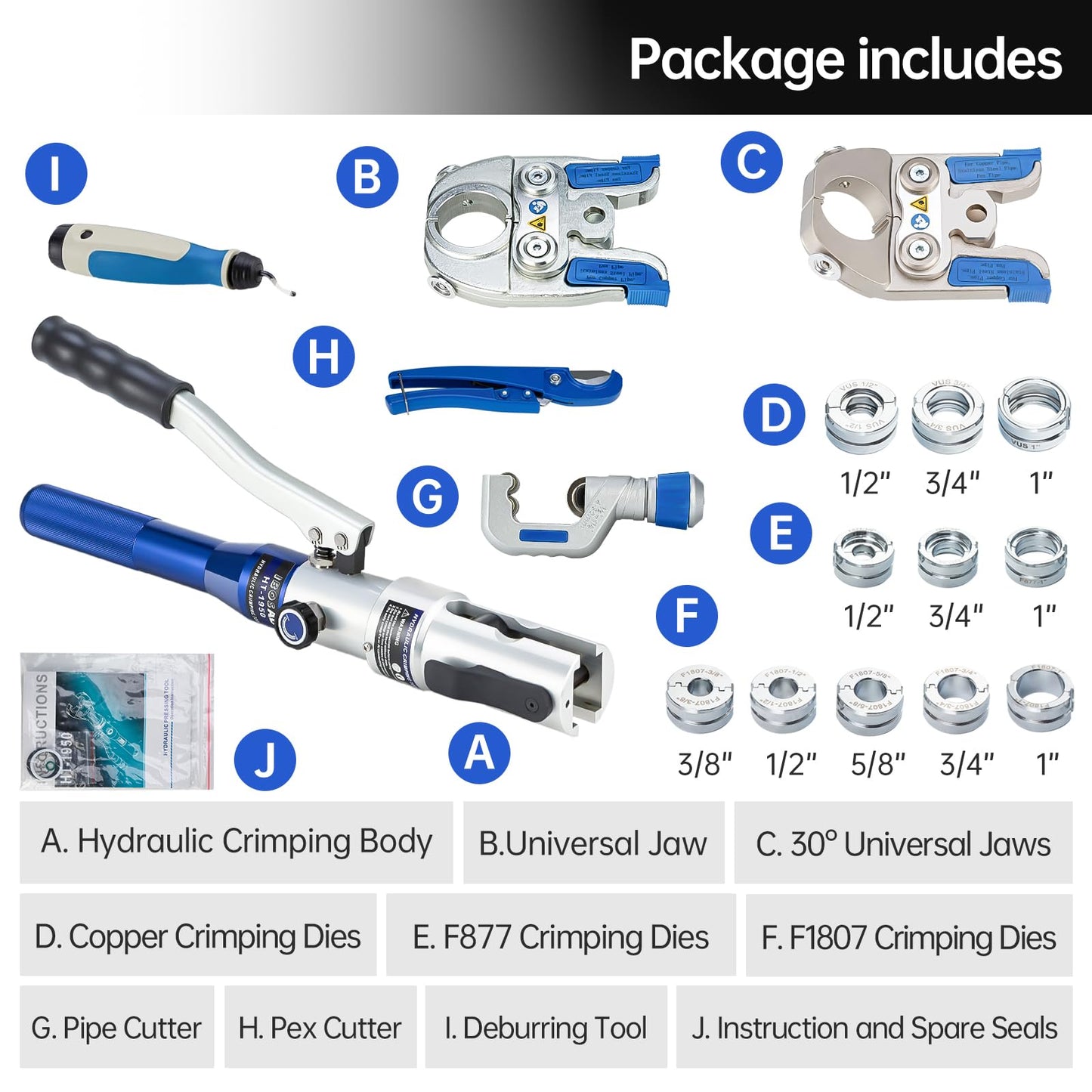 IBOSAD Hydraulic Copper Pipe Tube Fittings Crimping Tool with 30° Angle Jaw with1/2,3/4,1" Die for Copper Pipe and F877 Stainless PEX Press Sleeves,3/8" to 1" Die for F1807 Pex Pipe Copper Ring